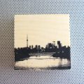 toronto islands, toronto harbour, leslie street spit, tommy thomson thompson park, toronto silhouette, toronto islands view, toronto harbour, city silhouette, cn tower, bathurst street bridge, toronto skyline, the 6ix silhouette, view from toronto islands, cn tower and downtown, lake ontario vista, wood block artwork, photo transfer, black and white, desk or wall art