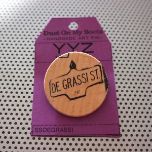 de grassi street, de grassi st, tv show, fashion pins, wood brooch, pinback accessories, toronto street signs, handmade art pin, etsy seller, wood coin pins, toronto the good,