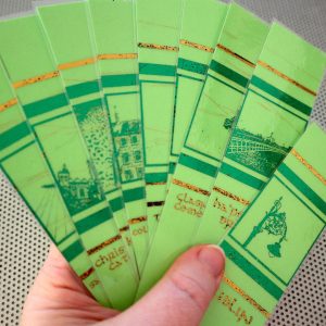 Dublin Landmarks / set of 9 handmade travel bookmarks / shiny gold metal foil on green card laminated / Ireland European Irish Europe trip